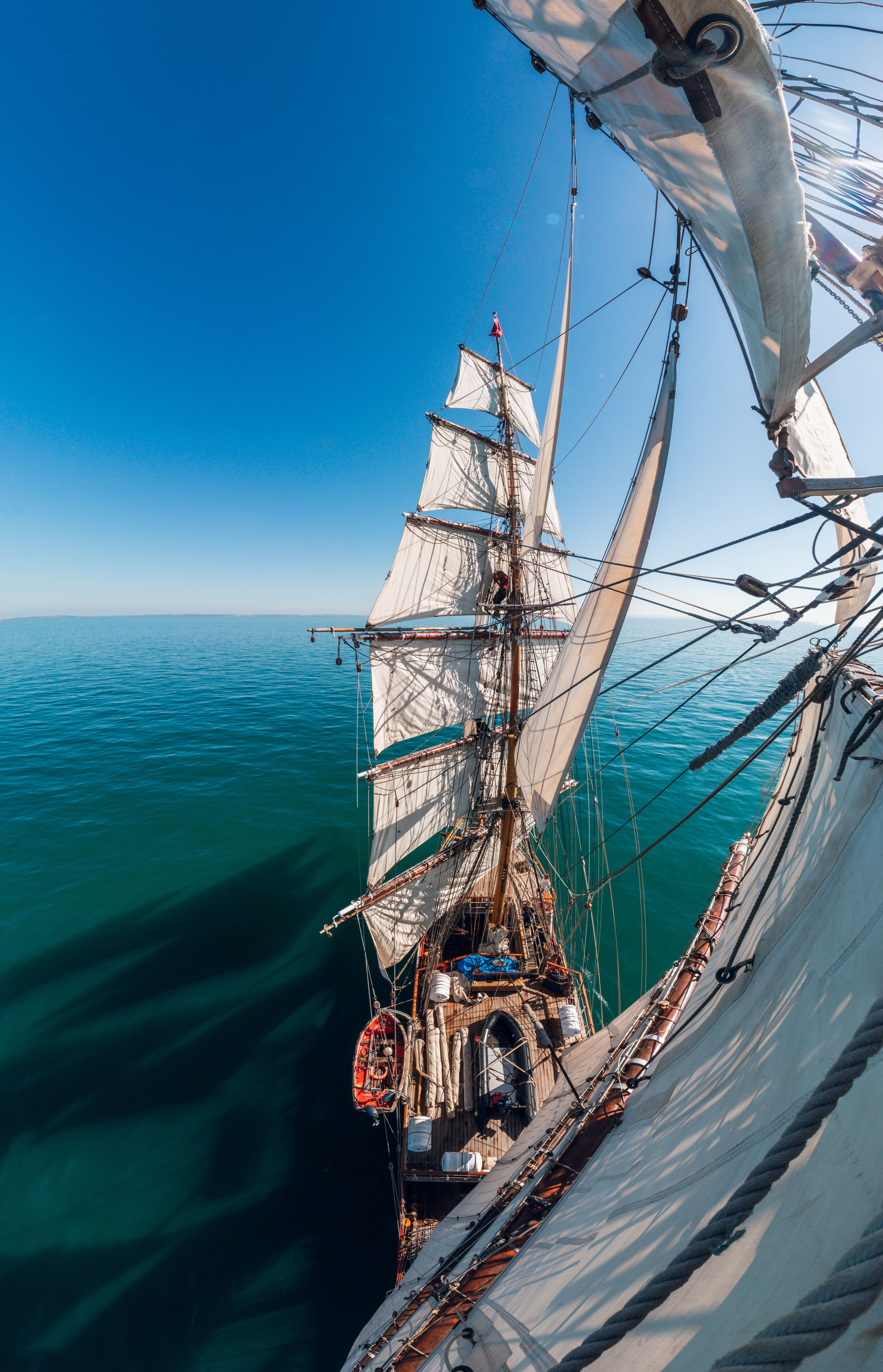 Looking down the bowsprit of Bark EUROPA under sail